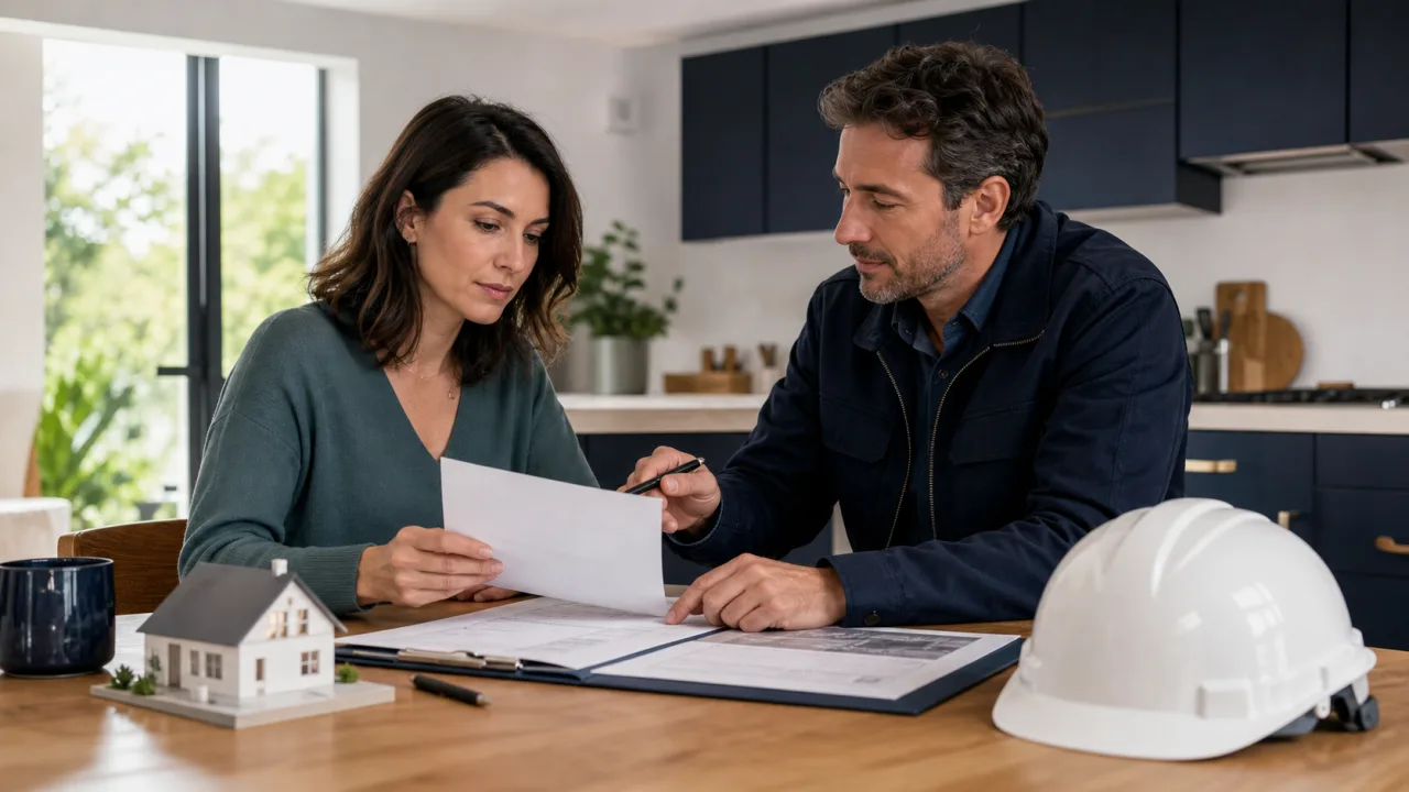 Propriétaire et artisan consultant des documents avant des travaux