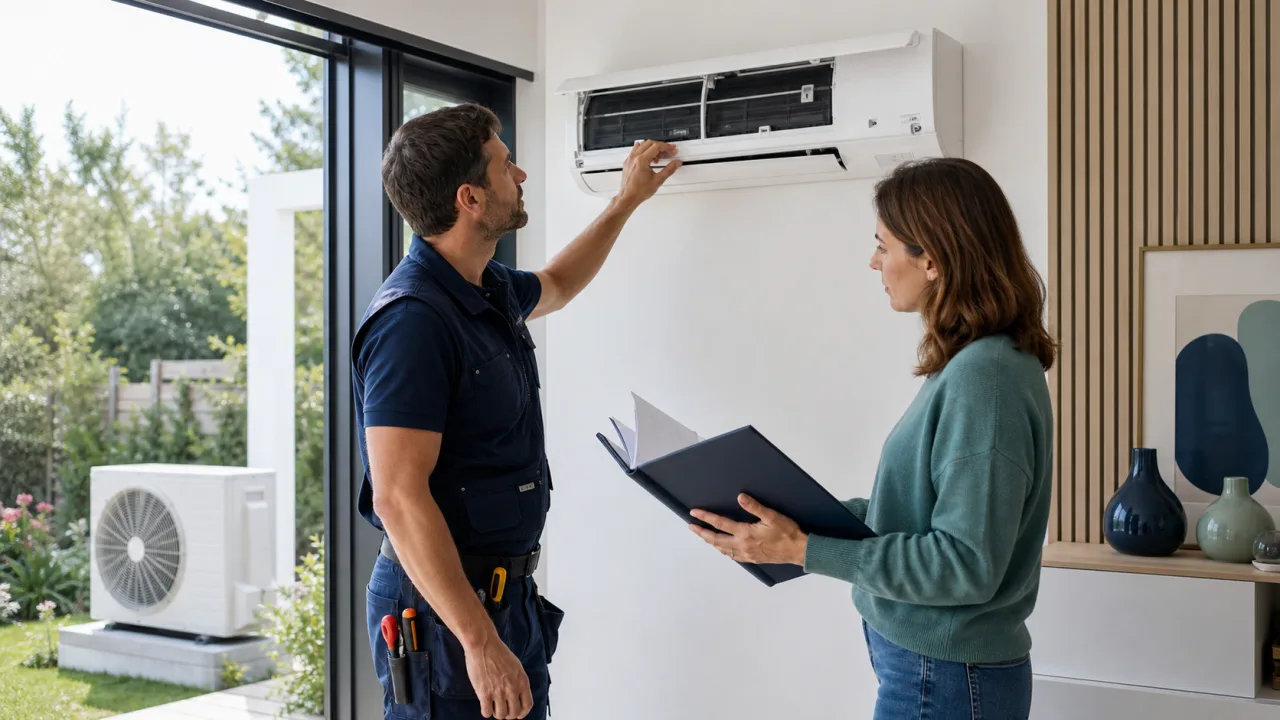 Installateur contrôlant une pompe à chaleur air-air chez une cliente