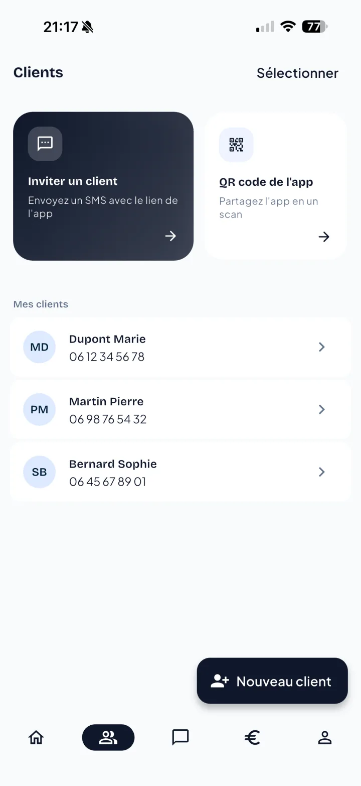 Liste de clients et invitation par SMS dans iciArtisan Pro