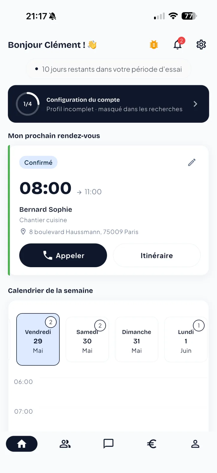 Accueil iciArtisan Pro : prochain rendez-vous et calendrier de la semaine