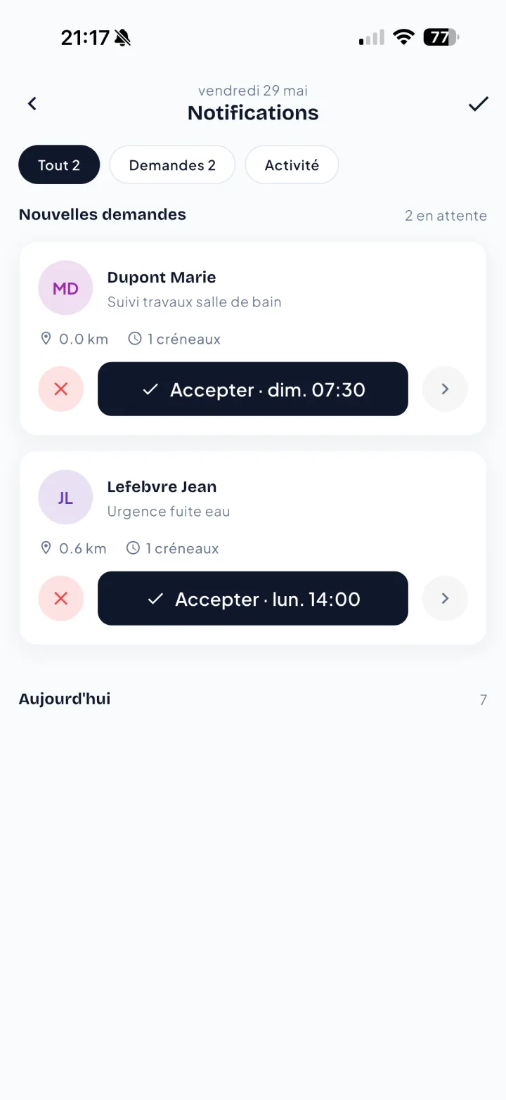 Demandes de rendez-vous à accepter dans iciArtisan Pro