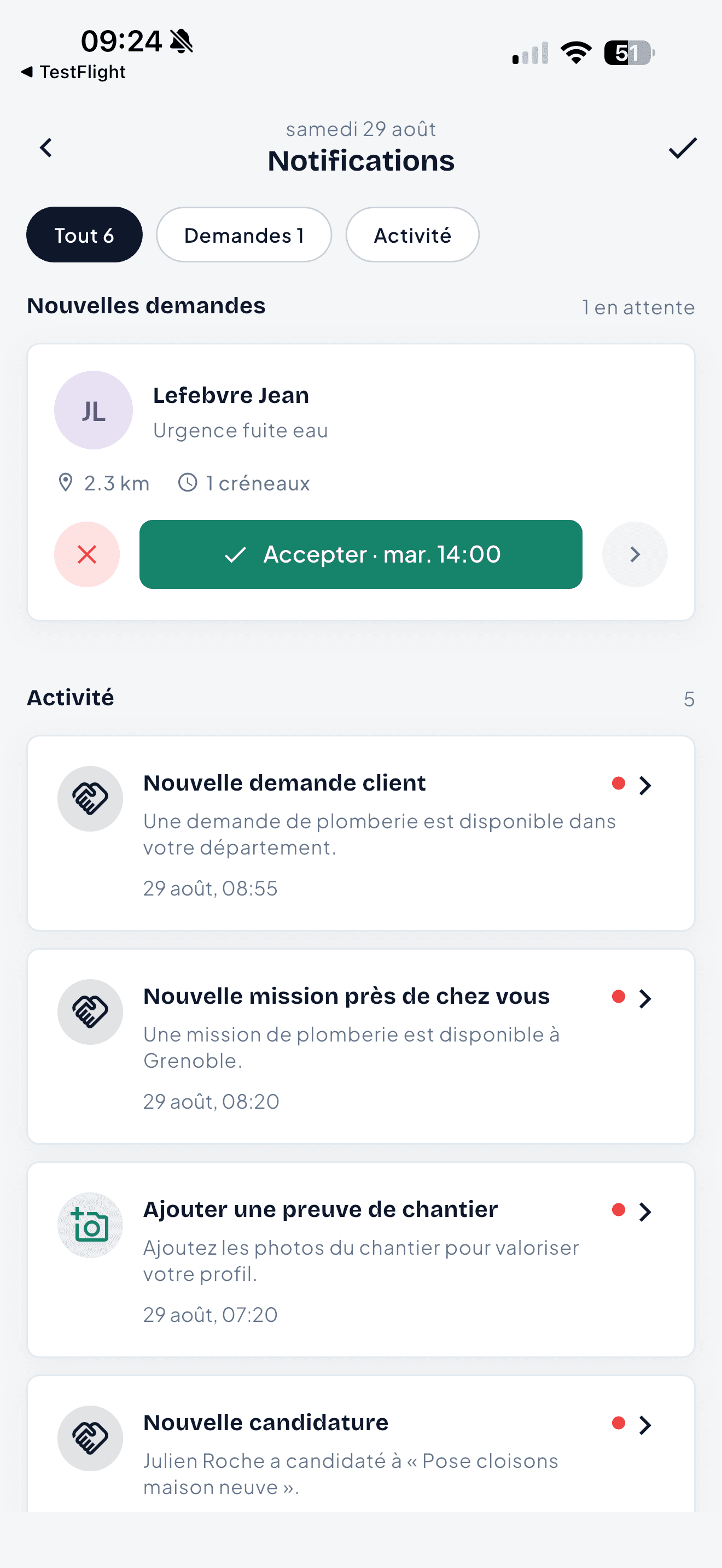 Notifications iciArtisan Pro : demande de rendez-vous à accepter et activité des missions