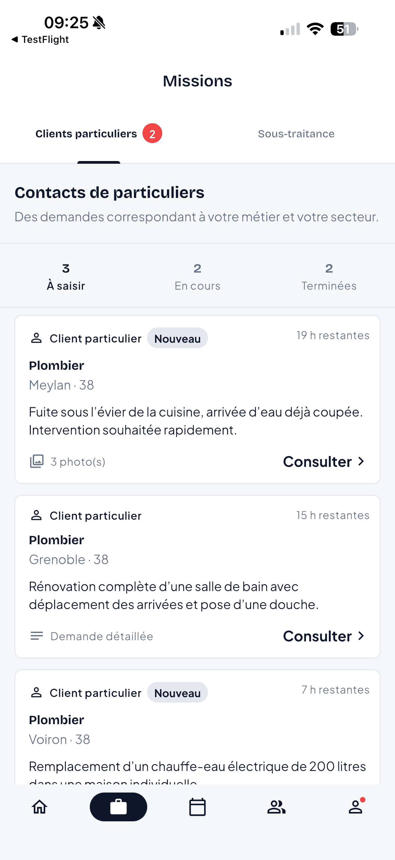 Missions iciArtisan Pro : demandes de plomberie de particuliers à Meylan, Grenoble et Voiron