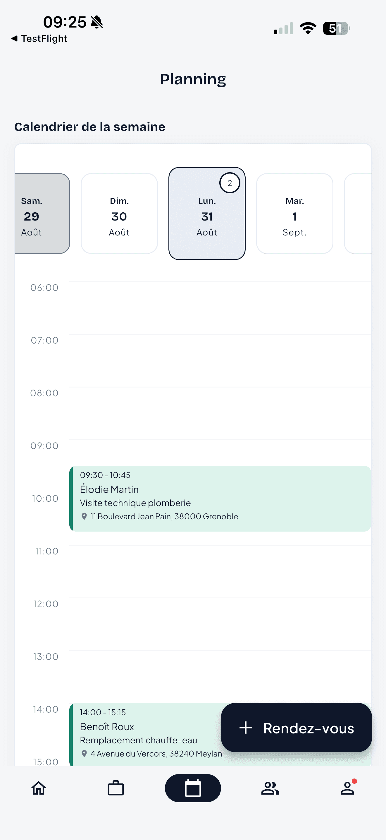 Planning iciArtisan Pro : calendrier de la semaine et rendez-vous de plomberie