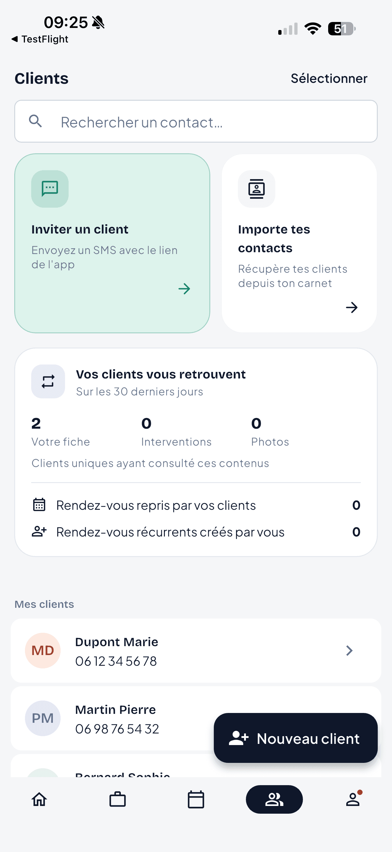 Liste de clients et invitation par SMS dans iciArtisan Pro
