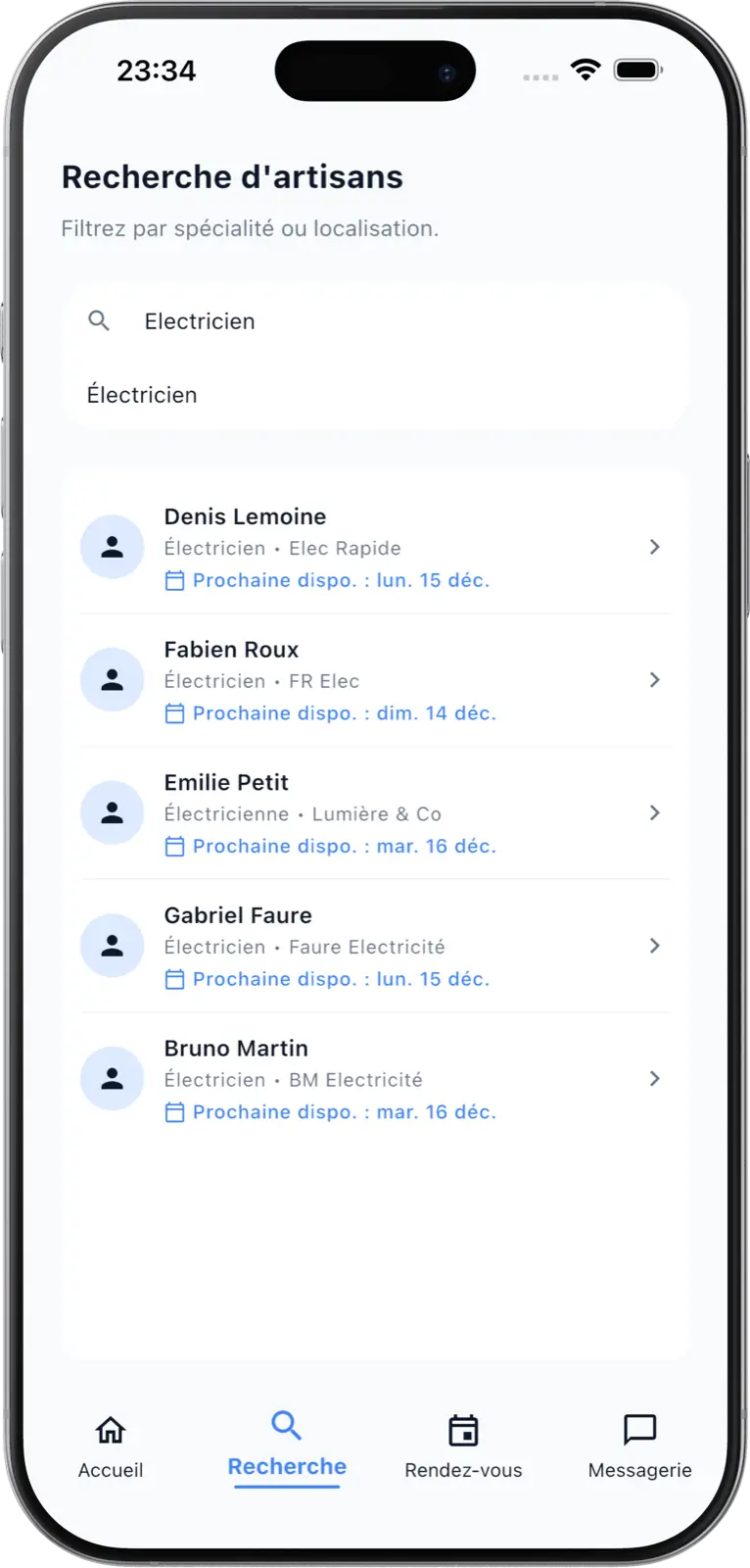 Écran de recherche d’artisans dans l’application iciArtisan