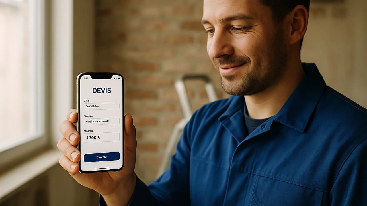 Artisan BTP sur chantier en train de créer un devis sur son iPhone avec iciArtisan