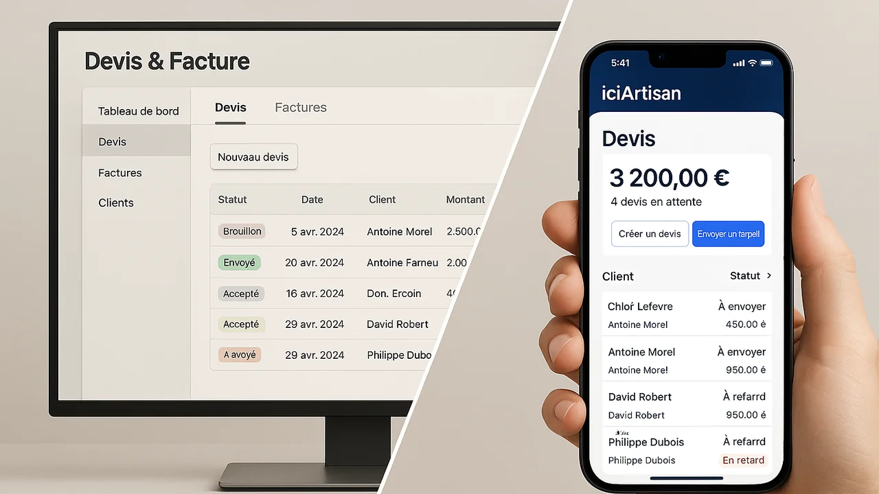Comparatif visuel iciArtisan vs Tolteck — app mobile native vs version desktop