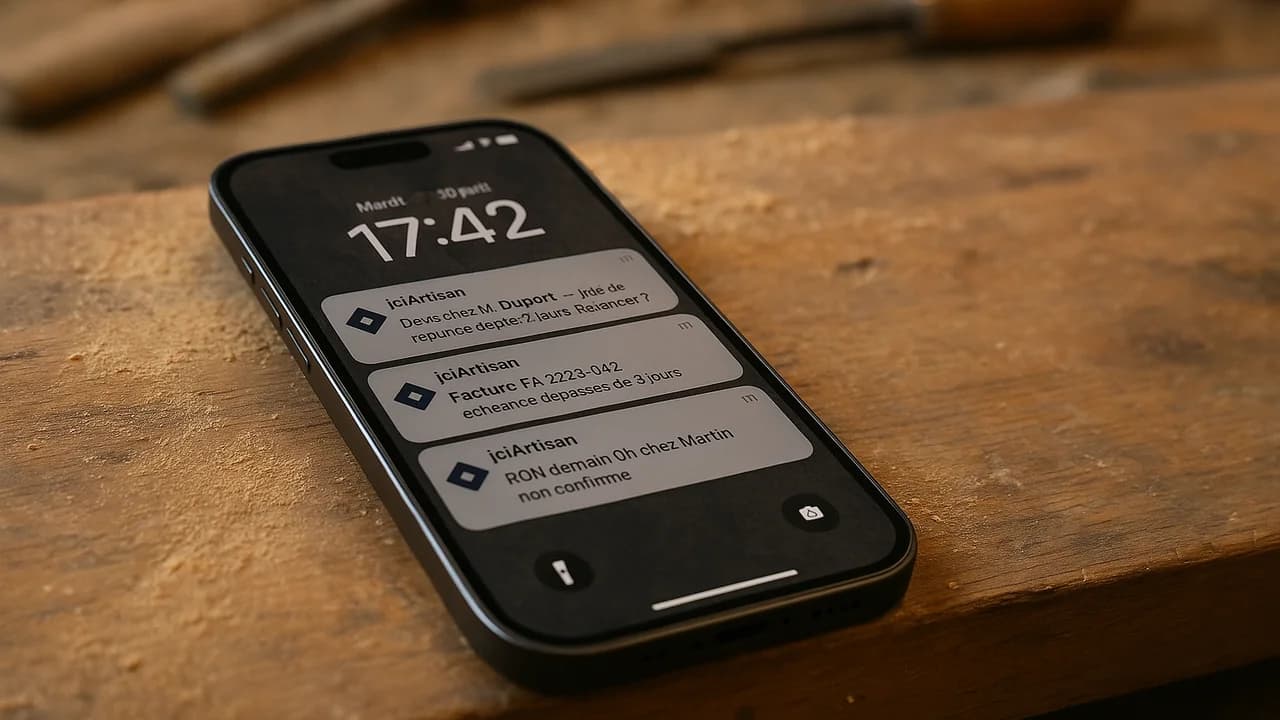 iPhone affichant un rappel iciArtisan : devis sans réponse depuis 2 jours, à relancer